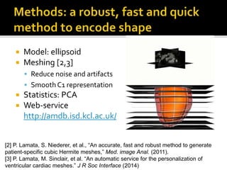 [2] P. Lamata, S. Niederer, et al., “An accurate, fast and robust method to generate
patient-specific cubic Hermite meshes,” Med. image Anal. (2011).
[3] P. Lamata, M. Sinclair, et al. “An automatic service for the personalization of
ventricular cardiac meshes.” J R Soc Interface (2014)
 Model: ellipsoid
 Meshing [2,3]
 Reduce noise and artifacts
 Smooth C1 representation
 Statistics: PCA
 Web-service
http://amdb.isd.kcl.ac.uk/
 
