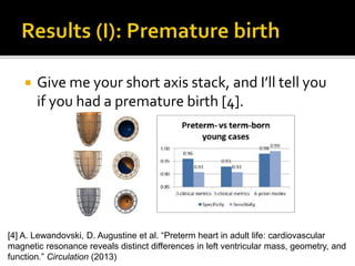  Give me your short axis stack, and I’ll tell you
if you had a premature birth [4].
[4] A. Lewandovski, D. Augustine et al. “Preterm heart in adult life: cardiovascular
magnetic resonance reveals distinct differences in left ventricular mass, geometry, and
function.” Circulation (2013)
 