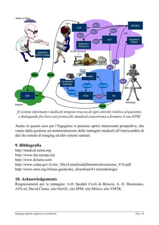 Imaging digitale applicato al medicale Pag. 18
Medico di Base
Pronto Soccorso
o
Reparto
Radiologia
CUP
Applicativo
PS/Reparto
RISPACS
Modalità
ADT Repository
Referti
APC/BAC
CUP
SISS
Applicativo
Medico di Base
Regione
HIS
SISS
SISS
HL7
HL7
HL7 HL7
HL7
HL7
HL7
HL7
DICOM DICOM
HL7
SISS
Workstation
Radiologo
DICOM
[I sistemi informatici medicali tengono traccia di ogni attività relativa al paziente,
e dialogando fra loro con protocolli standard concorrono a formare il suo EPR]
Anche in questo caso per l’Ingegnere si possono aprire interessanti prospettive, che
vanno dalla gestione ed amministrazione delle immagini medicali all’interscambio di
dati fra sistemi di imaging ed altri sistemi sanitari.
9. Bibliografia
http://medical.nema.org
http://www.ihe-europe.net
http://www.dclunie.com
http://www.cnipa.gov.it/site/_files/LineeGuidaDematerializzazione_V16.pdf
http://www.sirm.org/it/linee-guida/doc_download/41-teleradiologia
10. Acknowledgements
Ringraziamenti per le immagini: A.O. Spedali Civili di Brescia, A. O. Desenzano,
ATS srl, David Clunie, sito OsiriX, sito SPM, sito Mricro, sito VMTK.
 
