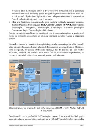 Imaging digitale applicato al medicale Pag. 3
esclusiva della Radiologia come le tre precedenti metodiche, ma è comunque
molto utilizzata dai Radiologi per le indagini diagnostiche ove indicata e nei casi
in cui, secondo il principio di giustificazione radioprotezionistico, si possa evitare
l’uso di radiazioni ionizzanti verso il paziente.
• Oltre alla Radiologia ricordiamo che sono molte le realtà che generano immagini
digitali: Medicina Nucleare, con PET, Gamma Camera e SPECT, Radioterapia,
Endoscopia, Termografia, Microscopia, Cardiologia, Anatomia patologica,
Gastroenterologia, Dermatologia, ed Oculistica.
Queste metodiche, combinate in molti casi con la somministrazione al paziente di
mezzi di contrasto, consentono di ottenere immagini ad alta valenza e specificità
clinica.
Una volta ottenute le cosiddette immagini diagnostiche, secondo protocolli e controlli
atti a garantire la qualità fisica e clinica delle immagini, viene costituito il file (in cui
sono incorporati, per evitare attribuzioni erronee, i dati del paziente ed i dati relativi
all’esame, ricevuti dal sistema nelle varie fasi di accettazione/acquisizione), da
inviare ai sistemi di refertazione, comunicazione, archiviazione.
IMAGE
PROCESSOR
IMAGE
PROCESSOR
Dati Immagine
IMAGE
PROCESSOR
IMAGE
PROCESSOR
Dati Immagine
IMAGING
DEVICE
IMAGING
DEVICE
Dati Acquisizione
Dati Posizione
IMAGING
DEVICE
IMAGING
DEVICE
Dati Acquisizione
Dati Posizione
PANNELLO DI CONTROLLO
DELLA MACCHINA
PANNELLO DI
CONTROLLO
MODALITÀ
Dati Studio
Dati Serie
Dati Applicazione
PANNELLO DI CONTROLLO
DELLA MACCHINA
PANNELLO DI
CONTROLLO
MODALITÀ
Dati Studio
Dati Serie
Dati Applicazione
SISTEMA
DEL REPARTO
HIS/RIS
Study Instance UID
Accession Number
Patient ID
Nome Paziente
Data di nascita
Sesso
SISTEMA
DEL REPARTO
HIS/RIS
Study Instance UID
Accession Number
Patient ID
Nome Paziente
Data di nascita
Sesso
INFORMAZIONI
DIAGNOSTICHE
IMAGE SOP INSTANCE
Dati Paziente
Patient ID
Nome Paziente
Data di nascita
Sesso
DATI PAZIENTE
Dati Paziente
Patient ID
Nome Paziente
Data di nascita
Sesso
DATI PAZIENTE
Dati Studio
Study Instance UID
Accession Number
Study ID
Data Studio
Ora Studio
DATI STUDIO
Dati Studio
Study Instance UID
Accession Number
Study ID
Data Studio
Ora Studio
DATI STUDIO
Dati Serie
Instance UID Serie
Numero Serie
Data Serie
Ora Serie
Dati Modalità
Frame Riferimenti
DATI SERIE
Dati Serie
Instance UID Serie
Numero Serie
Data Serie
Ora Serie
Dati Modalità
Frame Riferimenti
DATI SERIE
Dati Applicazione
Contrasto/Bolo
Annotazioni
VOI
DATI APPLICAZIONE
Dati Applicazione
Contrasto/Bolo
Annotazioni
VOI
DATI APPLICAZIONE
Dati Acquisizione
Impostazioni di
Acquisizione
dipendenti
dalla modalità
DATI ACQUISIZIONE
Dati Acquisizione
Impostazioni di
Acquisizione
dipendenti
dalla modalità
DATI ACQUISIZIONE
Dati Posizione
Posizione del
Paziente
Relazioni di
posizione
fra le serie di
immagini
DATI POSIZIONE
Dati Posizione
Posizione del
Paziente
Relazioni di
posizione
fra le serie di
immagini
DATI POSIZIONE
Dati Immagine
Dimensioni matrice
Codifica
Pixel Data
DATI IMMAGINE
Dati Immagine
Dimensioni matrice
Codifica
Pixel Data
DATI IMMAGINE
[Classificazione ed origine dei dati nelle immagini DICOM - Fonte: Philips DICOM
Cook Book]
Considerando che la profondità dell’immagine, ovvero il numero di livelli di grigio
associato ad ogni singolo pixel, può arrivare a 16 bit (216
possibili valori per pixel) e
 