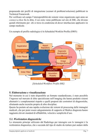 Imaging digitale applicato al medicale Pag. 7
proponendo dei profili di integrazione (scenari di problemi/soluzioni) pubblicati in
Technical Framework.
Per verificare sul campo l’interoperabilità dei sistemi viene organizzato ogni anno un
connect-a-thon fra le ditte, il cui esito viene pubblicato sul sito di IHE, che diviene
quindi riferimento per chi si trova in condizione di dover interfacciare applicativi in
campo medicale.
Un esempio di profilo radiologico è lo Scheduled Worklist Profile (SWF):
RIS PACS
MODALITY
HIS
Registration
Order Placed
Order Filled
Acquisition
Modality
Image
Manager/Archive
Report
Repository
Film
Film
Folder
Film
Lightbox
Diagnostic
Workstation
Patient InformationPatient Information
Examinations OrderExaminations Order
Procedure Scheduled (prefetching)Procedure Scheduled (prefetching)
Acquisition Completed
Modality WorklistModality Worklist
Images PrintedImages Printed
Acquisition Completed
ReportReport
ReportReportReportReport
Images RetrievedImages Retrieved
Images StoredImages Stored
Appointment NotificationsAppointment Notifications
[Scheduled Workflow Profile IHE]
5. Elaborazione e visualizzazione
Nel momento in cui è stato disponibile un formato standardizzato, è stato possibile
l’ingresso nel mercato di ditte specializzate nell’imaging che hanno prodotto sistemi
alternativi e complementari rispetto a quelli proposti dai costruttori di diagnostiche,
sfruttando anche tecniche proprie di altre discipline.
Questo ha portato ad una rapida evoluzione dei sistemi di processing delle immagini
medicali, che per poter essere adeguatamente di supporto al Medico diagnosta hanno
raggiunto elevati standard di affidabilità, velocità e semplicità d’uso.
5.1. Workstation diagnostiche
Lo strumento principe utilizzato dal Radiologo per interagire con le immagini è la
workstation diagnostica, che a seconda del tipo di studio da trattare può andare dalla
 