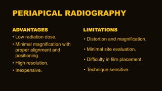 PERIAPICAL RADIOGRAPHY
ADVANTAGES
• Low radiation dose.
• Minimal magnification with
proper alignment and
positioning.
• High resolution.
• Inexpensive.
LIMITATIONS
• Distortion and magnification.
• Minimal site evaluation.
• Difficulty in film placement.
• Technique sensitive.
 