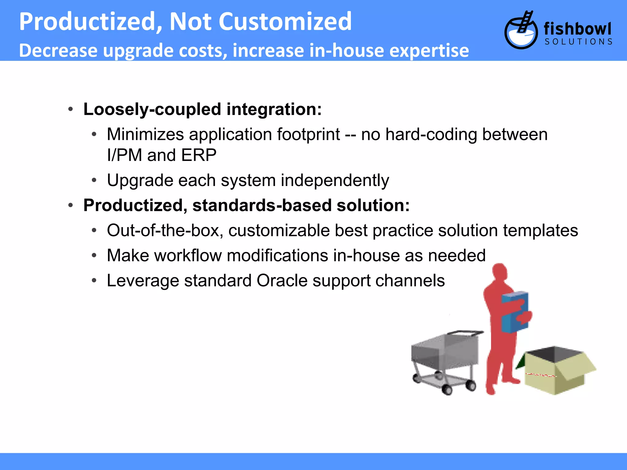 Productized, Not Customized 
Decrease upgrade costs, increase in-house expertise 
• Loosely-coupled integration: 
• Minimizes application footprint -- no hard-coding between 
I/PM and ERP 
• Upgrade each system independently 
• Productized, standards-based solution: 
• Out-of-the-box, customizable best practice solution templates 
• Make workflow modifications in-house as needed 
• Leverage standard Oracle support channels 
 