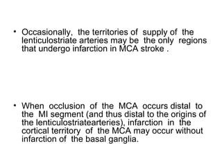 • Occasionally, the territories of supply of the
lenticulostriate arteries may be the only regions
that undergo infarction in MCA stroke .
• When occlusion of the MCA occurs distal to
the MI segment (and thus distal to the origins of
the lenticulostriatearteries), infarction in the
cortical territory of the MCA may occur without
infarction of the basal ganglia.
 