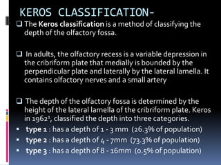 KEROS CLASSIFICATION-
 The Keros classification is a method of classifying the
depth of the olfactory fossa.
 In adults, the olfactory recess is a variable depression in
the cribriform plate that medially is bounded by the
perpendicular plate and laterally by the lateral lamella. It
contains olfactory nerves and a small artery
 The depth of the olfactory fossa is determined by the
height of the lateral lamella of the cribriform plate. Keros
in 19621, classified the depth into three categories.
 type 1 : has a depth of 1 - 3 mm (26.3% of population)
 type 2 : has a depth of 4 - 7mm (73.3% of population)
 type 3 : has a depth of 8 - 16mm (0.5% of population)
 
