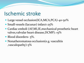 Ischemic stroke
 Large vessel occlusion(ICA,MCA,PCA)-40-50%
 Small vessels (lacunar) infarct-25%
 Cardiac emboli (AF,MI,IE,mechanical prosthetic heart
valves,valvular heart disease,DCMP).-15%
 Blood disorders- 5%.
 Nonatheromatous occlusion(e.g. vasculitis
,vasculopathy)-5%
 
