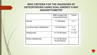WHO CRITERIA FOR THE DIAGNOSIS OF
OSTEOPOROSIS USING DUAL-ENERGY X-RAY
ABSORPTIOMETRY
 