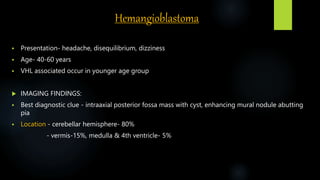 Hemangioblastoma
 Presentation- headache, disequilibrium, dizziness
 Age- 40-60 years
 VHL associated occur in younger age group
 IMAGING FINDINGS:
 Best diagnostic clue - intraaxial posterior fossa mass with cyst, enhancing mural nodule abutting
pia
 Location - cerebellar hemisphere- 80%
- vermis-15%, medulla & 4th ventricle- 5%
 