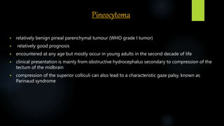 Pineocytoma
 relatively benign pineal parenchymal tumour (WHO grade I tumor)
 relatively good prognosis
 encountered at any age but mostly occur in young adults in the second decade of life
 clinical presentation is mainly from obstructive hydrocephalus secondary to compression of the
tectum of the midbrain
 compression of the superior colliculi can also lead to a characteristic gaze palsy, known as
Parinaud syndrome
 