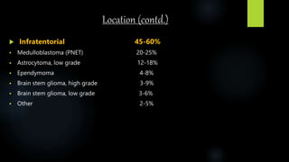 Location (contd.)
 Infratentorial 45-60%
 Medulloblastoma (PNET) 20-25%
 Astrocytoma, low grade 12-18%
 Ependymoma 4-8%
 Brain stem glioma, high grade 3-9%
 Brain stem glioma, low grade 3-6%
 Other 2-5%
 