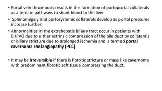 • Portal vein thrombosis results in the formation of portoportal collaterals
as alternate pathways to shunt blood to the liver.
• Splenomegaly and portosystemic collaterals develop as portal pressures
increase further.
• Abnormalities in the extrahepatic biliary tract occur in patients with
EHPVO due to either extrinsic compression of the bile duct by collaterals
or biliary stricture due to prolonged ischemia and is termed portal
cavernoma cholangiopathy (PCC).
• It may be irreversible if there is fibrotic stricture or mass like cavernoma
with predominant fibrotic soft tissue compressing the duct.
 