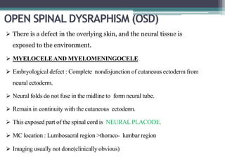OPEN SPINAL DYSRAPHISM (OSD)
 There is a defect in the overlying skin, and the neural tissue is
exposed to the environment.
 MYELOCELEAND MYELOMENINGOCELE
 Embryological defect : Complete nondisjunction of cutaneous ectoderm from
neural ectoderm.
 Neural folds do not fuse in the midline to form neural tube.
 Remain in continuity with the cutaneous ectoderm.
 This exposed part of the spinal cord is NEURAL PLACODE.
 MC location : Lumbosacral region >thoraco- lumbar region
 Imaging usually not done(clinically obvious)
 