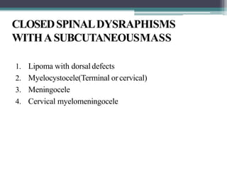 CLOSEDSPINALDYSRAPHISMS
WITHASUBCUTANEOUSMASS
1. Lipoma with dorsaldefects
2. Myelocystocele(Terminal or cervical)
3. Meningocele
4. Cervical myelomeningocele
 