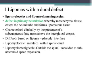 1.Lipomas with a duraldefect
• lipomyeloceles and lipomyelomeningoceles.
• defect in primary neurulation whereby mesenchymal tissue
enters the neural tube and forms lipomatous tissue
• Characterized clinically by the presence of a
subcutaneous fatty mass above the intergluteal crease.
• Diff both based on lipoma – placode interface
• Lipomyelocele : interface within spinal canal
• Lipomyelomenigocele: Outside the spinal canal due to sub-
arachnoid space expansion.
 