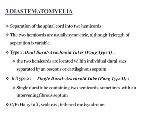3.DIASTEMATOMYELIA
 Separation of the spinal cord into two hemicords
 The two hemicords are usually symmetric, although thelength of
separation is variable.
 Type 1: Dual Dural-Arachnoid Tubes (Pang Type I) :
 the two hemicords are located within individual dural sacs
separated by an osseous or cartilaginousseptum
 In Type 2 : Single Dural-Arachnoid Tube (Pang Type II) :
 Single dural tube containing two hemicords, sometimes with an
intervening fibrous septum
 C/F:Hairy tuft , scoliosis , tethered cordsyndrome.
 