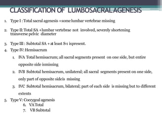 CLASSIFICATION OF LUMBOSACRALAGENESIS
1. Type I :Total sacral agenesis +somelumbar vertebrae missing
2. Type II:Total SA +lumbar vertebrae not involved, severely shortening
transverse pelvic diameter
3. Type III: Subtotal SA +at least S-1 ispresent.
4. Type IV:Hemisacrum
1. IVA Total hemisacrum; all sacral segments present on one side, but entire
opposite side ismissing
2. IVB Subtotal hemisacrum, unilateral; all sacral segments present on one side,
only part of opposite sideis missing
3. IVC Subtotal hemisacrum, bilateral; part of each side is missing but to different
extents
5. Type V: Coccygeal agenesis
6. VATotal
7. VB Subtotal
 