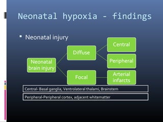 Neonatal hypoxia - findings
 Neonatal injury
Central- Basal ganglia, Ventrolateral thalami, Brainstem
Peripheral-Peripheral cortex, adjacent whitematter
 
