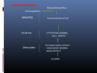 Functional loss of cell
Reduced blood flow
Autoregulation
CYTOTOXIC EDEMA,
CELL DEATH
Increased water content
VASOGENIC EDEMA
MASS EFFECT
GLIOSIS
MINUTES
12-24 hrs
24hrs-2wks
PATHOPHYSIOLOGY
 