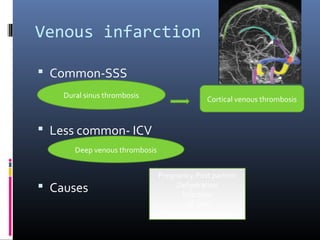 Venous infarction
 Common-SSS
 Less common- ICV
 Causes
Dural sinus thrombosis
Cortical venous thrombosis
Deep venous thrombosis
Pregnancy,Post partum
Dehydration
Infection
OC pills
Hypercoaguble states
 