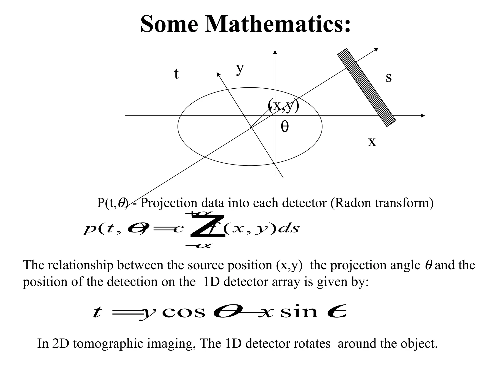 Some Mathematics:  x y t s (x,y) P(t,  ) - Projection data into each detector (Radon transform) The relationship between the source position (x,y)  the projection angle     and the  position of the detection on the  1D detector array is given by: In 2D tomographic imaging, The 1D detector rotates  around the object. 