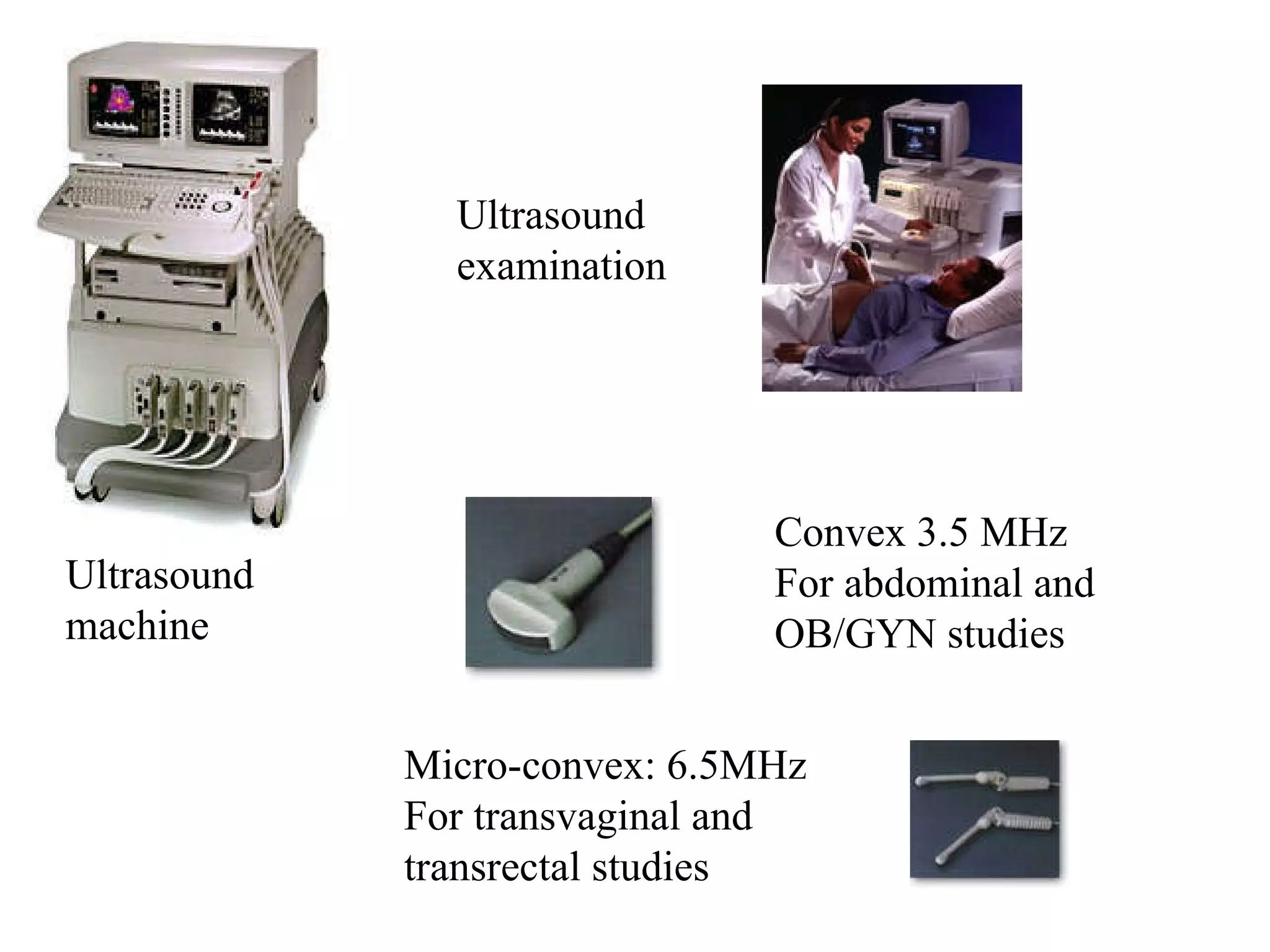 Convex 3.5 MHz For abdominal and  OB/GYN studies Micro-convex: 6.5MHz For transvaginal and transrectal studies Ultrasound machine Ultrasound  examination 