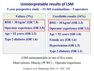 Uninterpretable results of LSM
5 year prospective study – 13 369 examinations – 5 operators
BMI > 30 kg/m2 (OR 7.5)
Operat...