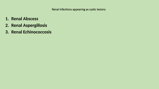 Renal Infections appearing as cystic lesions
1. Renal Abscess
2. Renal Aspergillosis
3. Renal Echinococcosis
 
