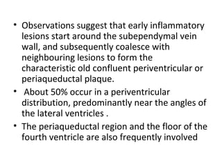 • Observations suggest that early inflammatory
lesions start around the subependymal vein
wall, and subsequently coalesce with
neighbouring lesions to form the
characteristic old confluent periventricular or
periaqueductal plaque.
• About 50% occur in a periventricular
distribution, predominantly near the angles of
the lateral ventricles .
• The periaqueductal region and the floor of the
fourth ventricle are also frequently involved
 