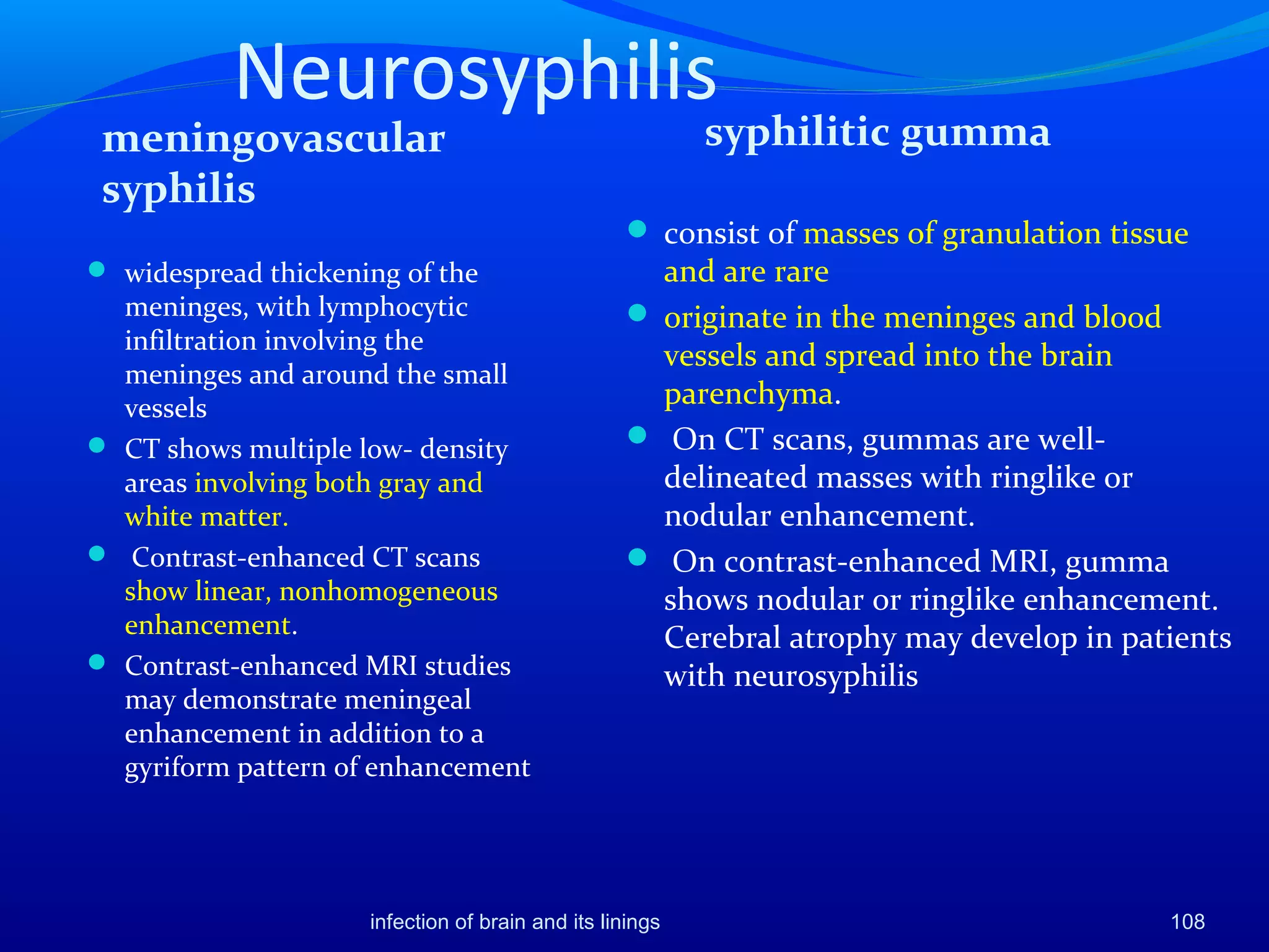 Neurosyphilis
meningovascular
syphilis
syphilitic gumma
 widespread thickening of the
meninges, with lymphocytic
infiltration involving the
meninges and around the small
vessels
 CT shows multiple low- density
areas involving both gray and
white matter.
 Contrast-enhanced CT scans
show linear, nonhomogeneous
enhancement.
 Contrast-enhanced MRI studies
may demonstrate meningeal
enhancement in addition to a
gyriform pattern of enhancement
 consist of masses of granulation tissue
and are rare
 originate in the meninges and blood
vessels and spread into the brain
parenchyma.
 On CT scans, gummas are well-
delineated masses with ringlike or
nodular enhancement.
 On contrast-enhanced MRI, gumma
shows nodular or ringlike enhancement.
Cerebral atrophy may develop in patients
with neurosyphilis
108infection of brain and its linings
 