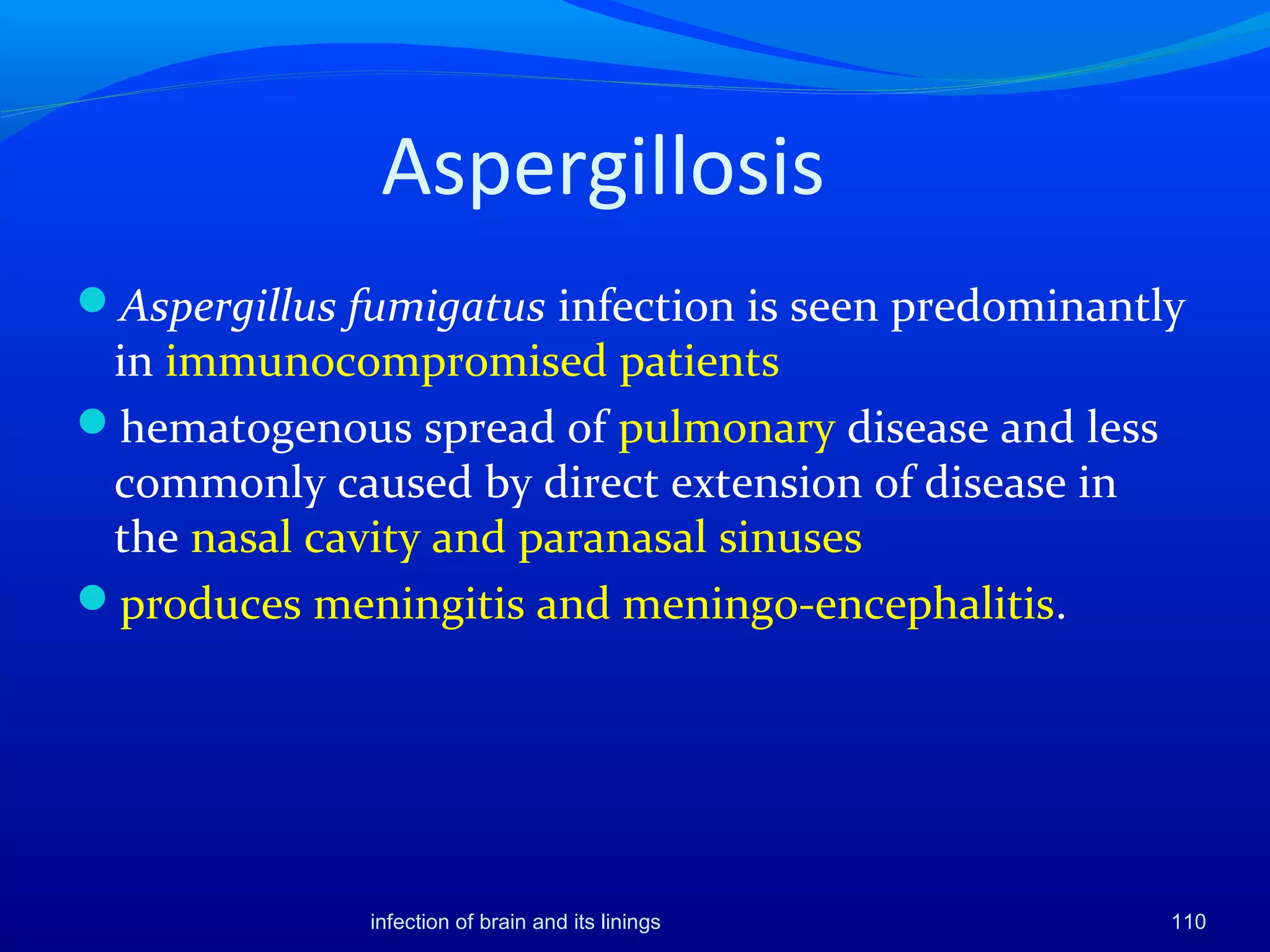 Aspergillosis
Aspergillus fumigatus infection is seen predominantly
in immunocompromised patients
hematogenous spread of pulmonary disease and less
commonly caused by direct extension of disease in
the nasal cavity and paranasal sinuses
produces meningitis and meningo-encephalitis.
110infection of brain and its linings
 