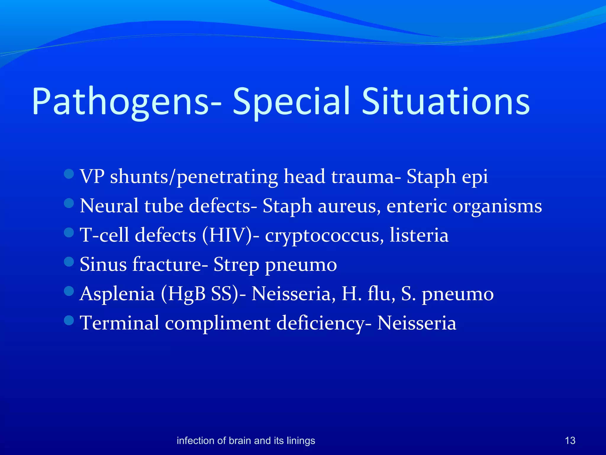 Pathogens- Special Situations
VP shunts/penetrating head trauma- Staph epi
Neural tube defects- Staph aureus, enteric organisms
T-cell defects (HIV)- cryptococcus, listeria
Sinus fracture- Strep pneumo
Asplenia (HgB SS)- Neisseria, H. flu, S. pneumo
Terminal compliment deficiency- Neisseria
13infection of brain and its linings
 