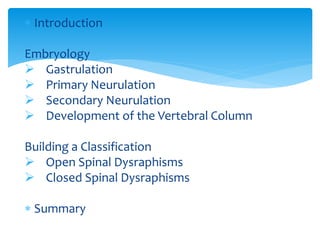  Introduction
Embryology
 Gastrulation
 Primary Neurulation
 Secondary Neurulation
 Development of the Vertebral Column
Building a Classification
 Open Spinal Dysraphisms
 Closed Spinal Dysraphisms
 Summary
 