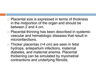    Placental size is expressed in terms of thickness
    in the midportion of the organ and should be
    between 2 and 4 cm.
   Placental thinning has been described in systemic
    vascular and hematologic diseases that result in
    microinfarctions.
   Thicker placentas (>4 cm) are seen in fetal
    hydrops, antepartum infections, maternal
    diabetes, and maternal anemia. Placental
    thickening can be simulated by myometrial
    contractions and underlying fibroids.
 