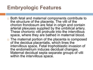 Embryologic Features
   Both fetal and maternal components contribute to
    the structure of the placenta. The villi of the
    chorion frondosum are fetal in origin and contain
    arterial plexuses supplied by the umbilical artery.
    These chorionic villi protrude into the intervillous
    space, where they are bathed in maternal blood.
   The maternal portion of the placenta is composed
    of the decidua placentalis, which lines the
    intervillous space. Fetal trophoblastic invasion of
    the endometrium induces decidual changes.
    Maternal decidual septa separate groups of villi
    within the intervillous space.
 