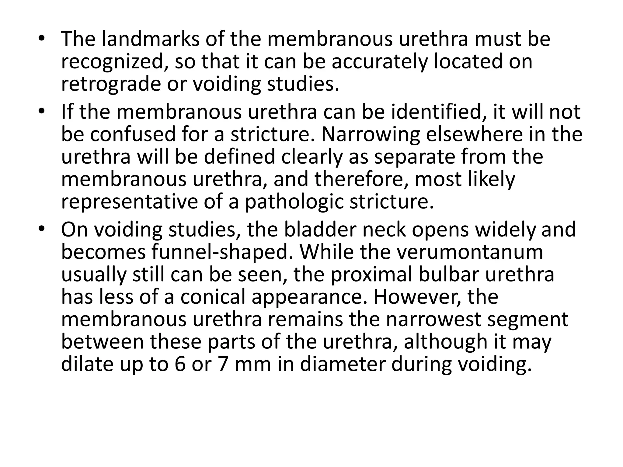 • The landmarks of the membranous urethra must be
recognized, so that it can be accurately located on
retrograde or voiding studies.
• If the membranous urethra can be identified, it will not
be confused for a stricture. Narrowing elsewhere in the
urethra will be defined clearly as separate from the
membranous urethra, and therefore, most likely
representative of a pathologic stricture.
• On voiding studies, the bladder neck opens widely and
becomes funnel-shaped. While the verumontanum
usually still can be seen, the proximal bulbar urethra
has less of a conical appearance. However, the
membranous urethra remains the narrowest segment
between these parts of the urethra, although it may
dilate up to 6 or 7 mm in diameter during voiding.
 