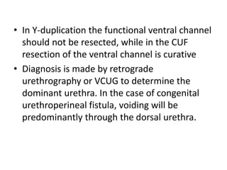 • In Y-duplication the functional ventral channel
should not be resected, while in the CUF
resection of the ventral channel is curative
• Diagnosis is made by retrograde
urethrography or VCUG to determine the
dominant urethra. In the case of congenital
urethroperineal fistula, voiding will be
predominantly through the dorsal urethra.
 