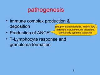 3 
pathogenesis 
• Immune complex production & 
deposition 
• Production of ANCA 
• T-Lymphocyte response and 
granuloma formation 
group of autoantibodies, mainly IgG , 
detected in autoimmune disorders, 
particularly systemic vasculitis 
 