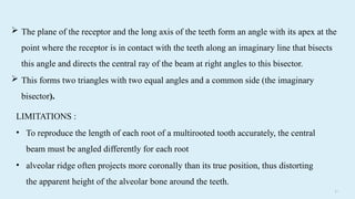 1 5
LIMITATIONS :
• To reproduce the length of each root of a multirooted tooth accurately, the central
beam must be angled differently for each root
• alveolar ridge often projects more coronally than its true position, thus distorting
the apparent height of the alveolar bone around the teeth.
 The plane of the receptor and the long axis of the teeth form an angle with its apex at the
point where the receptor is in contact with the teeth along an imaginary line that bisects
this angle and directs the central ray of the beam at right angles to this bisector.
 This forms two triangles with two equal angles and a common side (the imaginary
bisector).
 