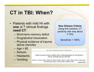 www.RiTradiology.com	

CT in TBI: When?
•  Patients with mild HI with
one of 7 clinical findings
need CT:
–  Short-term memory deficit
–  Drug/alcohol intoxication
–  Physical evidence of trauma
above clavicles
–  Age > 60
–  Seizure
–  Headache
–  Vomiting
NEJM 2000
New Orleans Criteria
Using this scheme, CT
positivity rate was about
7-10%
Sensitivity = 100%
 