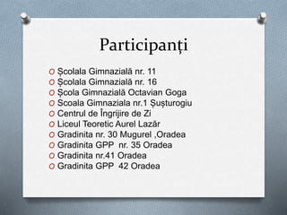 Participanți
O Școlala Gimnazială nr. 11
O Școlala Gimnazială nr. 16
O Școla Gimnazială Octavian Goga
O Scoala Gimnaziala nr.1 Șușturogiu
O Centrul de Îngrijire de Zi
O Liceul Teoretic Aurel Lazăr
O Gradinita nr. 30 Mugurel ,Oradea
O Gradinita GPP nr. 35 Oradea
O Gradinita nr.41 Oradea
O Gradinita GPP 42 Oradea
 