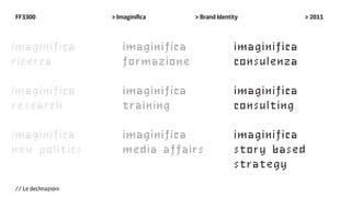FF3300               > Imaginifica    > Brand Identity            > 2011



imaginifica             imaginifica                 imaginifica
ricerca                 formazione                  consulenza

imaginifica             imaginifica                 imaginifica
research                training                    consulting

imaginifica             imaginifica                 imaginifica
new politics            media affairs               story based
                                                    strategy
// Le declinazioni
 
