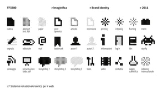 icone imaginifica
FF3300                                        > Imaginifica                          > Brand Identity                                  > 2011




rubrica      abstract        paper              post             articolo         recensione   priming        indexing   framing        memi
             tesi, libri                        generico




segnala      editoriale      mail               bookmark         autori 1         autori 2     informazioni   log in     libri          storify




sondaggio    presentazioni   storytelling 1     storytelling 2   storytelling 3   tools        video          contatta   saggio         indexing
             slide, pdf                                                                                                  scientifico    internazionale




// Sistema notazionale iconico per il web
 