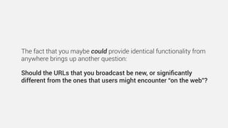 Seriously? Is that it?
That’s only marginally
more useful than typing
a URL yourself, or just
googling it…
https://www.flickr.com/photos/neilghamilton/10389735244
url/greatKurdishFoodNearby
 