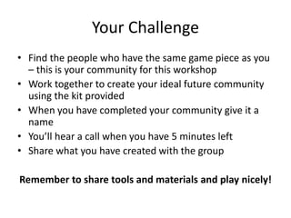 Your Challenge
• Find the people who have the same game piece as you
– this is your community for this workshop
• Work together to create your ideal future community
using the kit provided
• When you have completed your community give it a
name
• You’ll hear a call when you have 5 minutes left
• Share what you have created with the group
Remember to share tools and materials and play nicely!
 