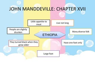 JOHN MANDDEVILLE: CHAPTER XVII
ETHIOPIA
People are slightly
drunken
They turned black when they
grow older
Large foot
Have one foot only
Many diverse folk
Live not long
Little appetite to
meat
 