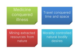 Medicine
conquered
illness
Morality controlled
natural bodily
desires
Mining extracted
resources from
nature
Travel conquered
time and space
 