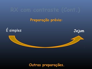 RX com contraste (Cont.)
            Preparação prévia:

É simples                         Jejum




            Outras preparações.
 