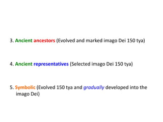 3. Ancient ancestors (Evolved and marked imago Dei 150 tya)
4. Ancient representatives (Selected imago Dei 150 tya)
5. Symbolic (Evolved 150 tya and gradually developed into the
imago Dei)
 