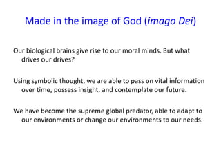Made in the image of God (imago Dei)
Our biological brains give rise to our moral minds. But what
drives our drives?
Using symbolic thought, we are able to pass on vital information
over time, possess insight, and contemplate our future.
We have become the supreme global predator, able to adapt to
our environments or change our environments to our needs.
 