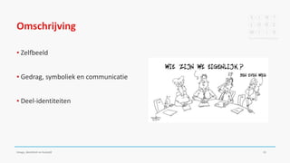 Omschrijving
▪ Zelfbeeld
▪ Gedrag, symboliek en communicatie
▪ Deel-identiteiten
Imago, identiteit en huisstijl 15
 